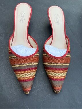 Talbots Striped Pointed Mule Slides in Red, Brown and Gold Tones